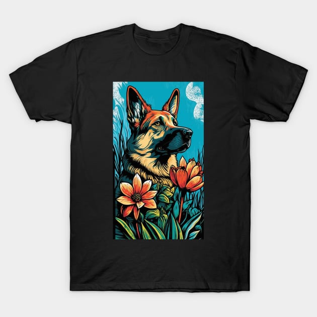 German Shepherd Dog Vibrant Tropical Flower Tall Retro Vintage Digital Pop Art Portrait 3 T-Shirt by ArtHouseFlunky